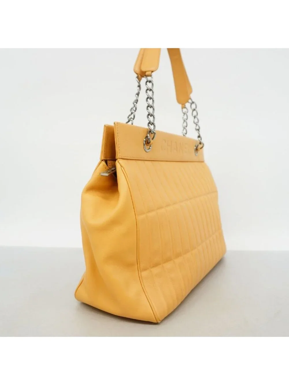 Chanel Chain Tote Bag Lambskin Beige Silver